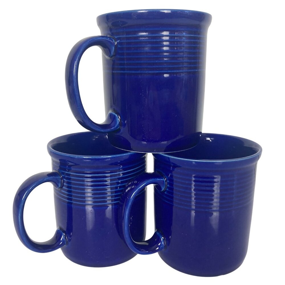 Spectrum Stoneware Cobalt Blue Coffee Mugs Set Of 3 Raised Ridges Made In Japan